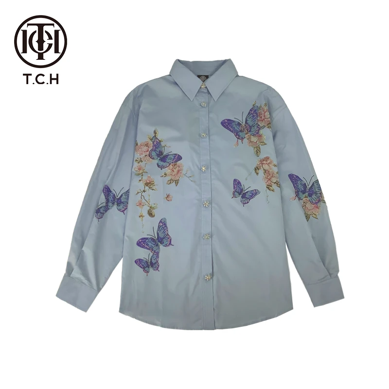 轻奢-TCH2025 秋季新款蝴蝶烫钻衬衫复古文艺轻薄衬衣T72B13E6007