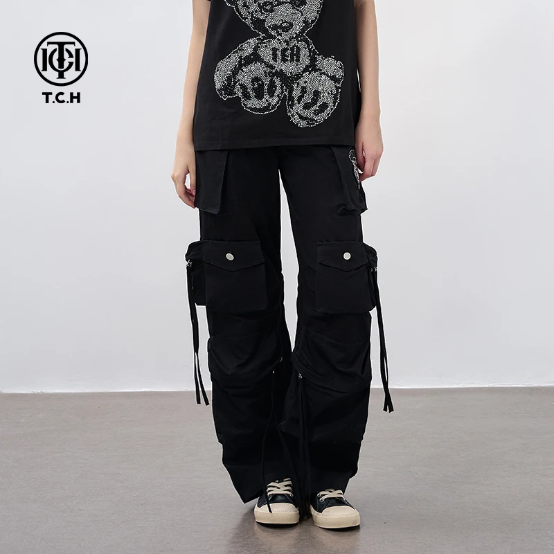 潮牌-TCH虎头字母烫钻手工串珠时尚潮牌黑色工装裤T69C20E6011