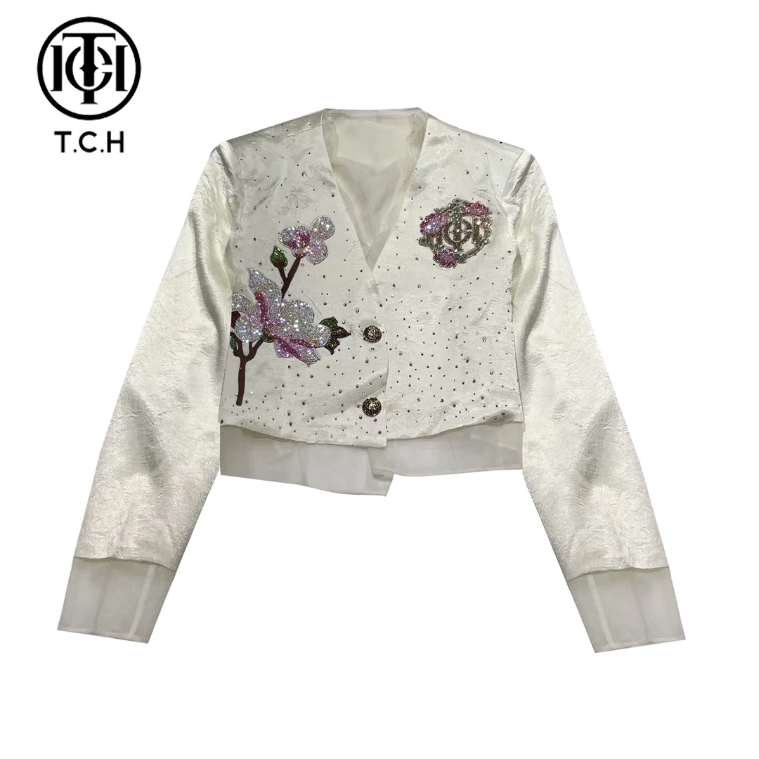 TCH轻奢烫钻工艺玉兰花新中式洋气米色外套T72B27E9002私服tch