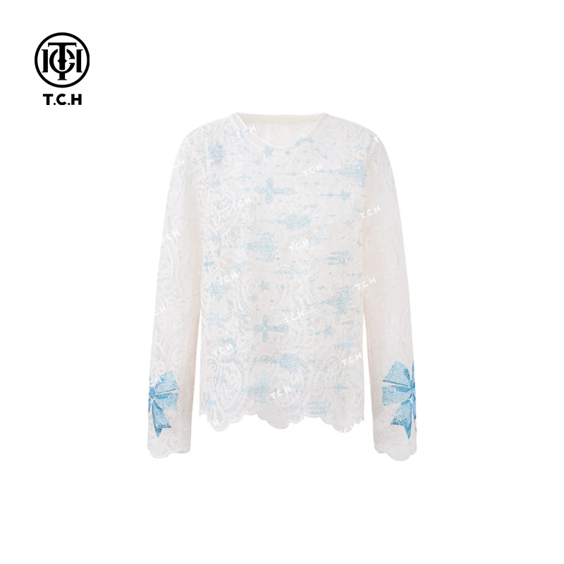 私服-TCH25年早春白底蓝色蝴蝶结烫钻打底衫T72C02E5004