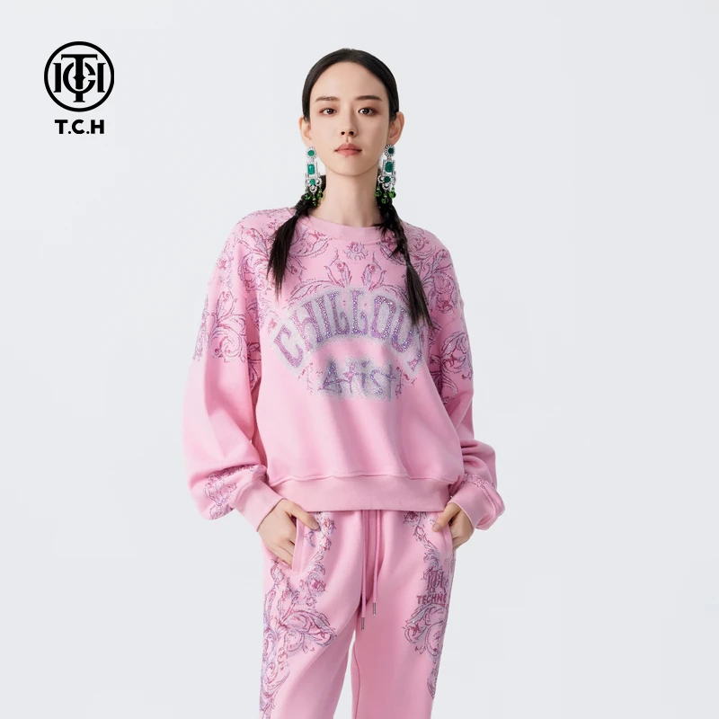 TCH个性花纹烫钻圆领卫衣2025国风休闲圆领衫上衣T72C116051