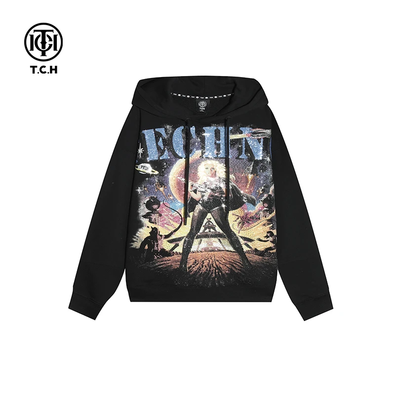 奥莱-TCH女战士烫钻黑色帽衫男女美式圆领洋气连帽T21112C6075