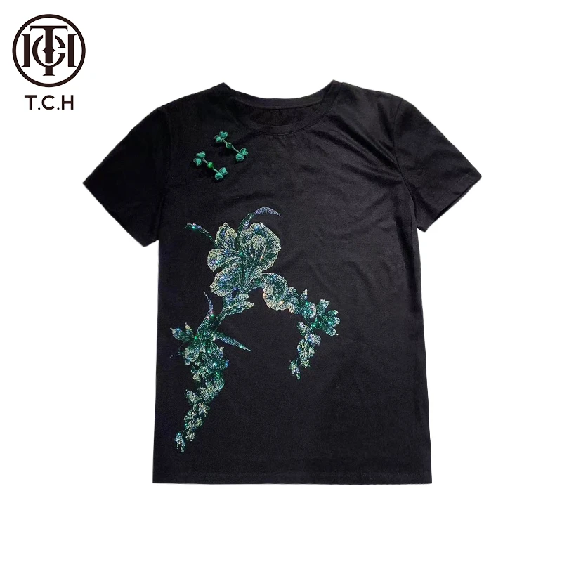 TCH轻奢2024春夏烫钻新中式时尚黑色短袖T恤T72A10E9022私服tch