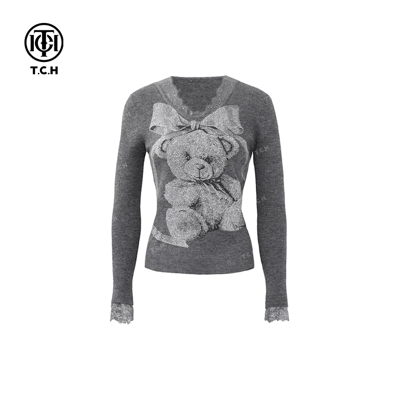 私服-TCH潮牌25年早春洋气灰色小熊长袖秋冬针织衫T72C09E5076