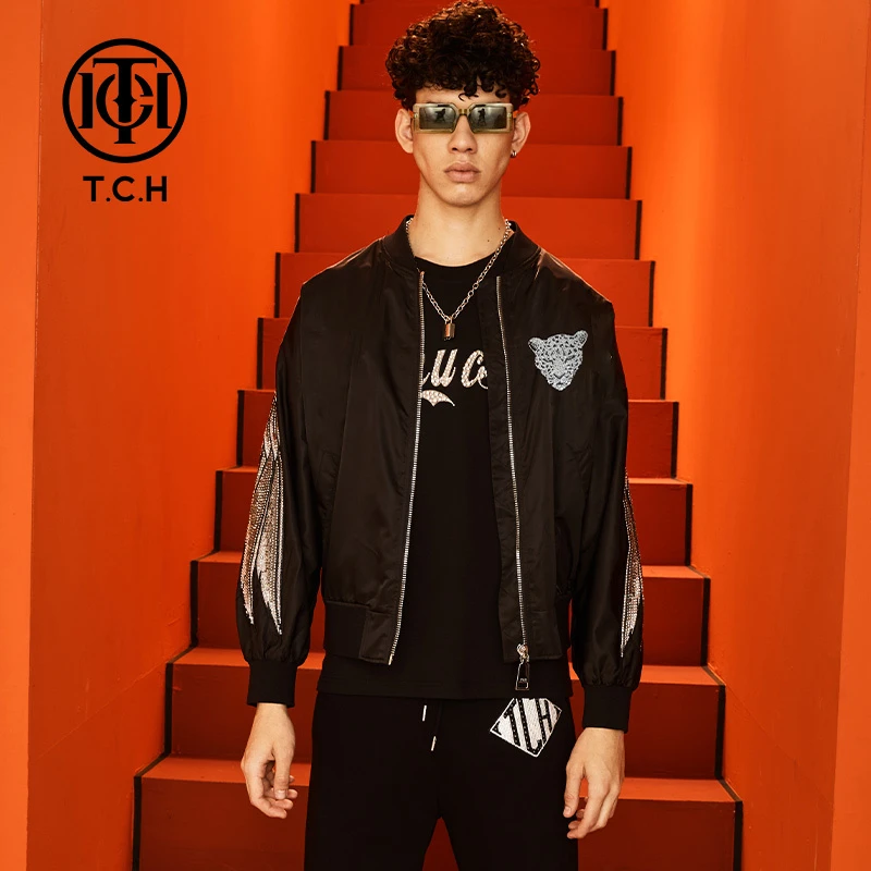男装-TCH潮牌豹头烫钻细线情侣外穿黑色洋气夹克外套T66C166011
