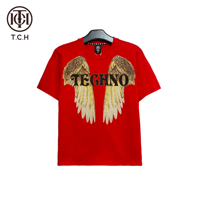 奥莱-潮牌重工翅膀烫钻时尚潮流百搭休闲新年红色T恤T69D10E6011