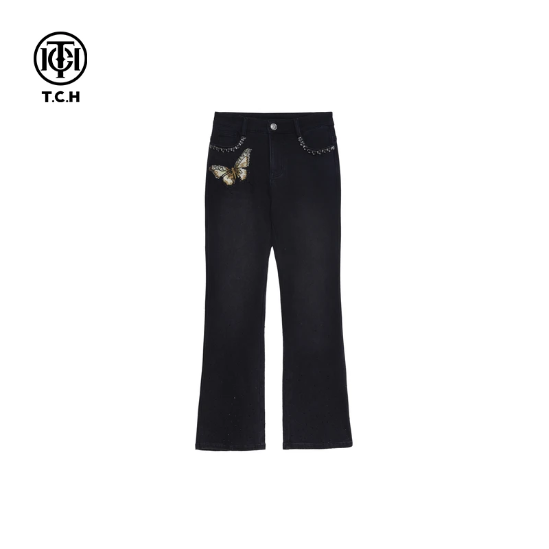 轻奢-TCH 2025新款潮牌蝴蝶烫钻黑色休闲牛仔裤T72C208042