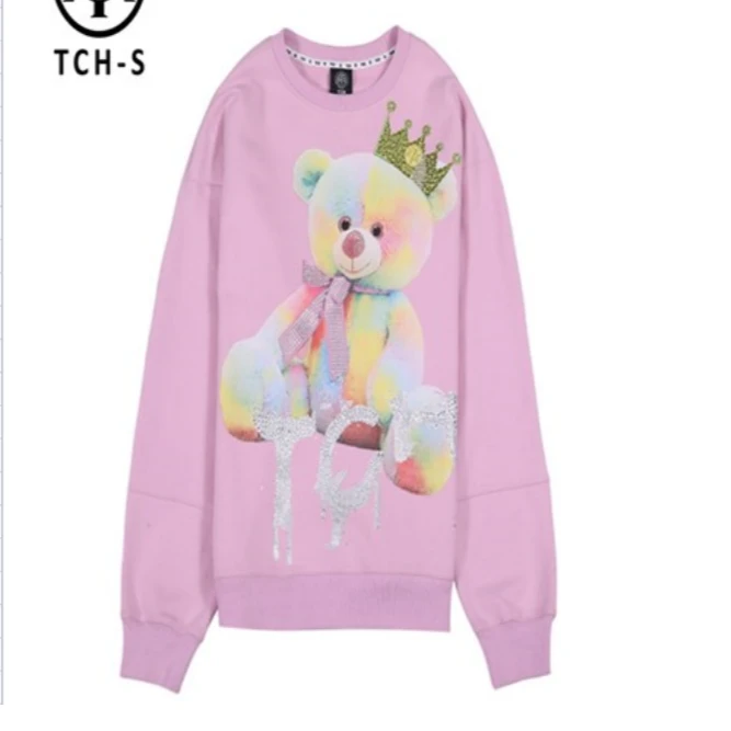 潮牌-TCH炫彩烫钻彩虹熊时尚休闲百搭粉色圆领加绒卫衣S66C119266