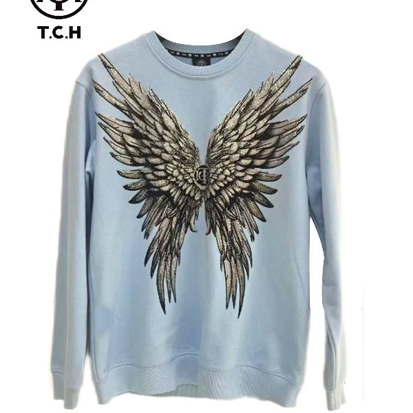 潮牌-TCH秋冬时尚百搭重工烫钻翅膀长袖圆领卫衣T69D116082
