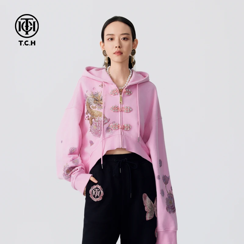 潮牌-TCH25秋冬新款新中式烫钻短款连帽开衫外套拉链衫T72C176017