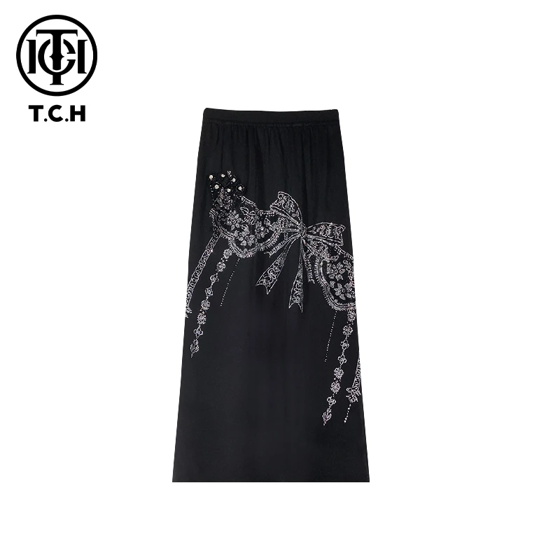 TCH轻奢烫钻修身显瘦时尚新中式黑色半身裙T72B22E9008私服tch
