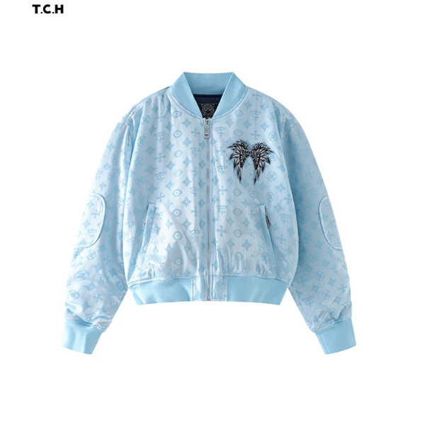 奥莱TCH潮牌烫钻设计师字母时尚休闲百搭蓝色夹克外套T69D18E6001