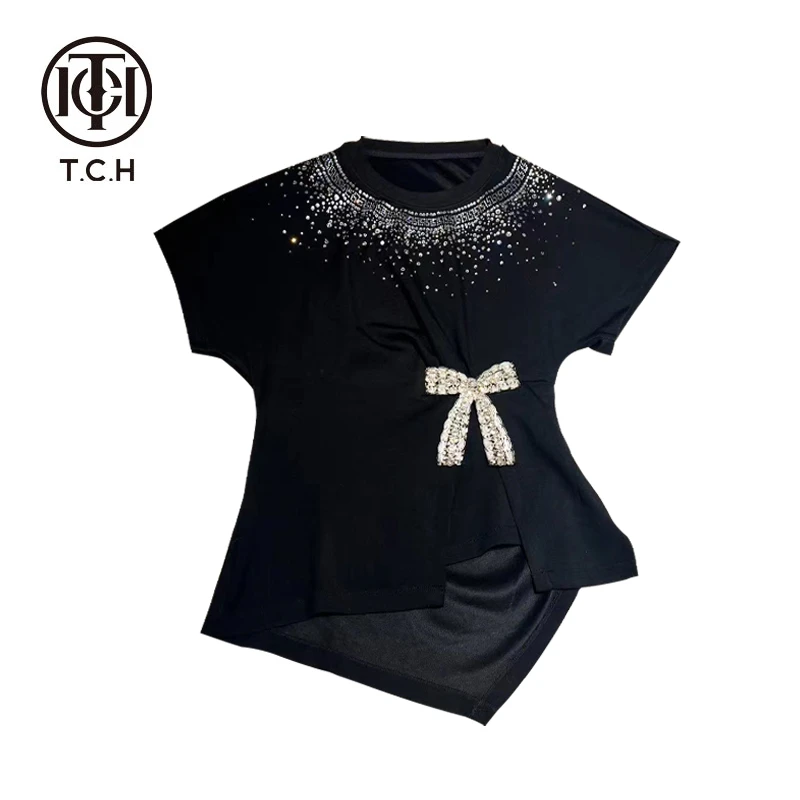 T.C.H/2024新中式春夏潮流烫钻时尚蕾丝黑色T恤T72B10E6050