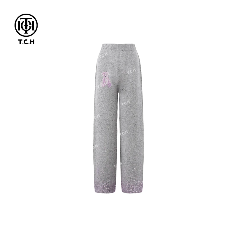 TCH私服烫钻潮牌字母直筒灰色加绒秋冬休闲裤T72C20E5056轻奢tch