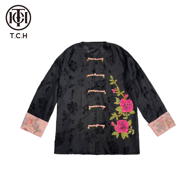 TCH潮牌重工刺绣烫钻新中式洋气轻奢黑色斜襟复古衬衫T72B27E6016