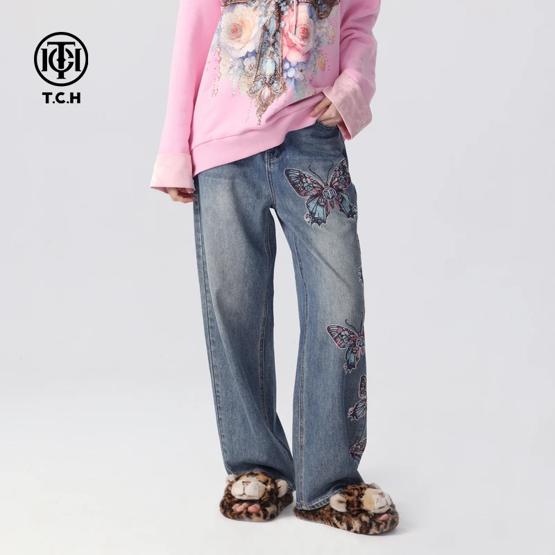 潮牌-TCH烫钻潮牌蝴蝶宽松阔腿时尚百搭休闲直筒牛仔裤T72C208018