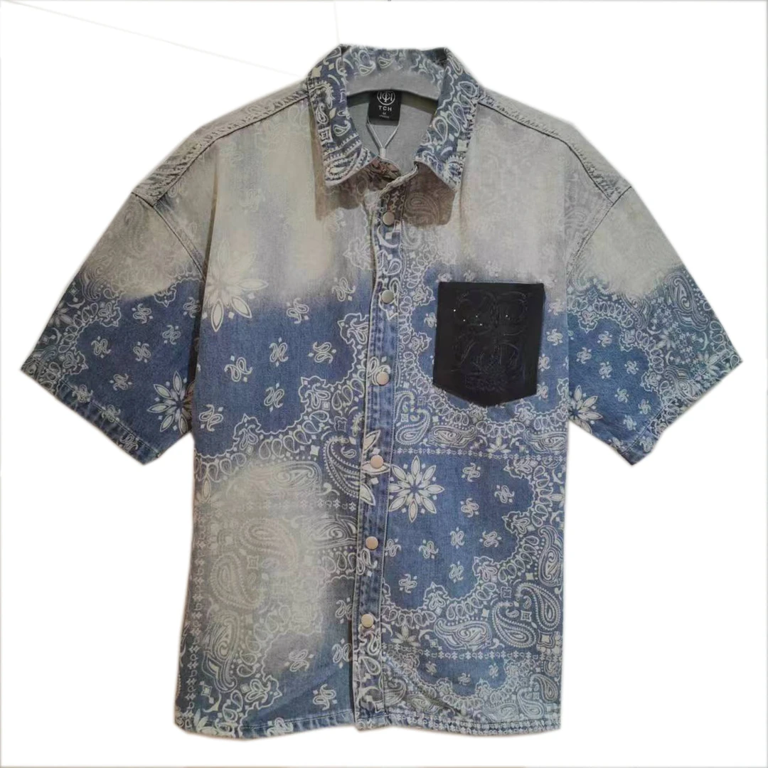 轻奢-TCH潮牌牛仔外套老花字母烫钻春夏潮流衬衫短袖T69B138002