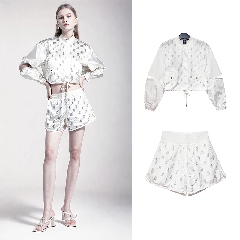 TCH轻奢时尚字母老花外套短裤白色烫钻精致套装TCHTZ0270私服tch