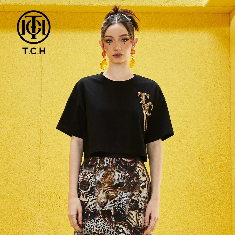 TCH轻奢手工镶钻字母链条黑色休闲短款T恤上衣T69A106040私服tch