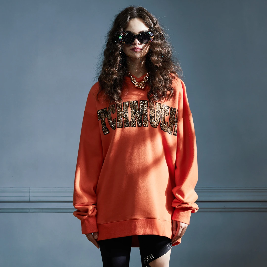 TCH潮牌彩钻眼镜熊烫钻时尚休闲宽松百搭潮流橘色帽衫T66A126119