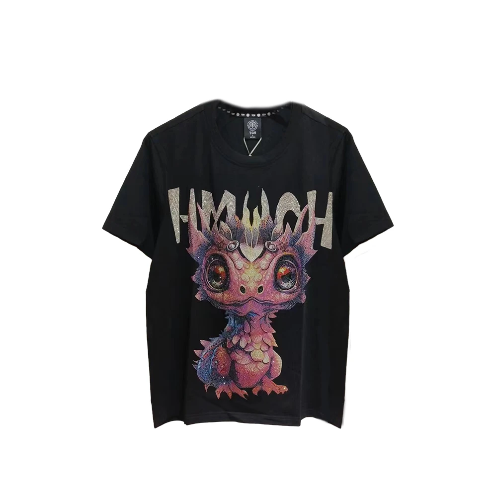 T.C.H/新款小恐龙字母烫钻黑色短袖T恤男女同款T69D10E6010
