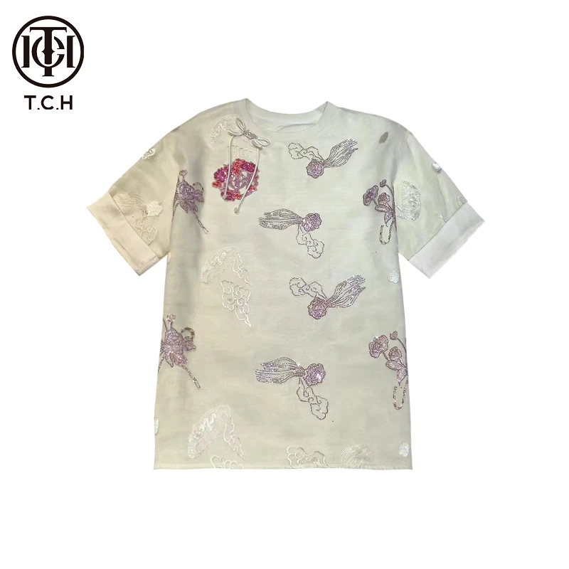 轻奢-TCH潮牌春夏新中式重工烫钻时尚百搭白色T恤T72B10E9005