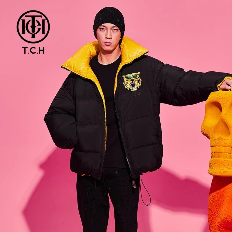 爆款-TCH潮牌烫钻豹头黑色休闲两面穿加厚保暖羽绒服T69D198048
