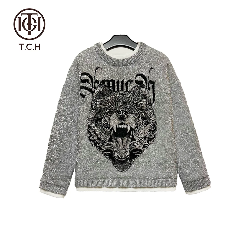 TCH轻奢烫钻工艺熊头亮丝假两件情侣款针织衫T21311C3002私服tch