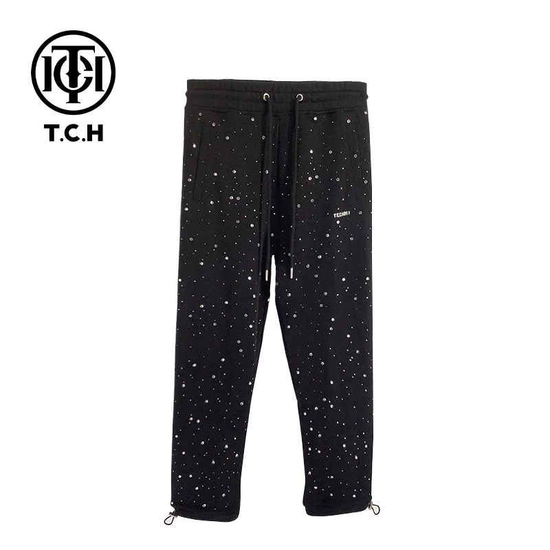爆款-TCH2025秋季满天星字母烫钻时尚黑色长裤T72A20E6005