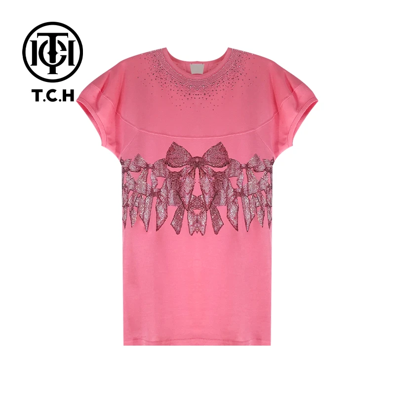 潮牌T.C.H新中式2025夏款显瘦时尚重工烫钻粉色连衣裙T72B30E9088