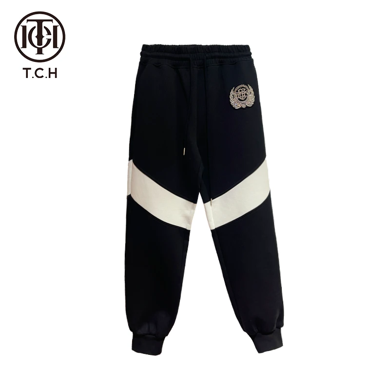 TCH轻奢黑白拼接翅膀徽章刺绣烫钻黑色长裤T69D20E6003私服tch