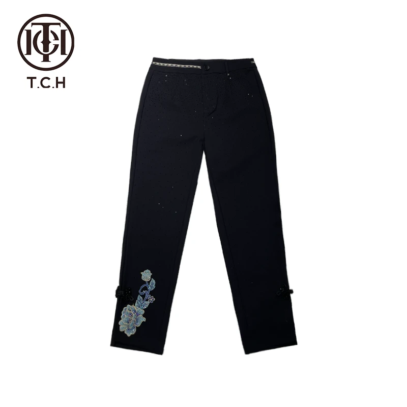 TCH轻奢烫钻工艺黑色满钻时尚新中式休闲裤女T72A20E9003私服tch