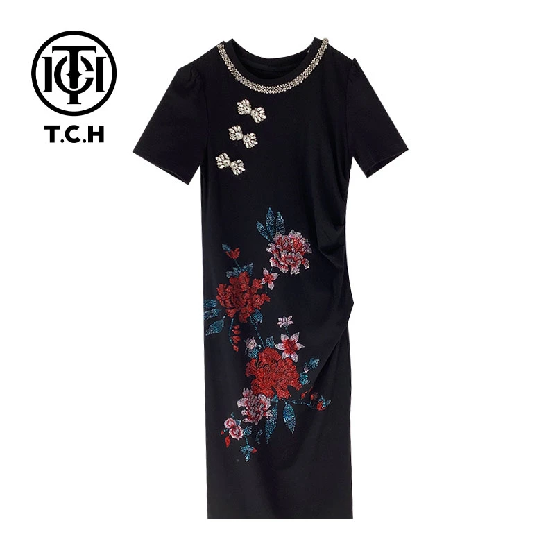 TCH轻奢烫钻工艺显瘦时尚绣花黑色连衣裙女T72B30E9090私服tch