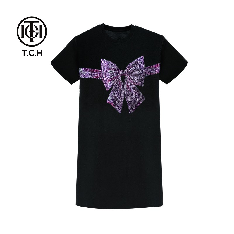 潮牌-T.C.H/2025春夏新款新中式烫钻蝴蝶结时尚连衣裙T72B30E9058