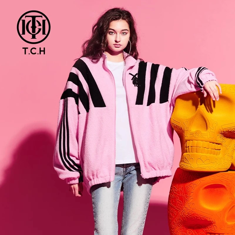 TCH潮牌烫钻粉色拼接时尚防风保暖加厚毛绒外套T69D276021