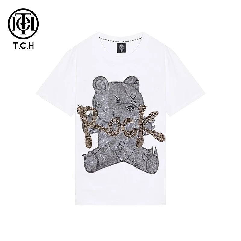 奥莱-TCH潮牌抱抱熊烫钻白色T恤男女短袖洋气T21110C6196