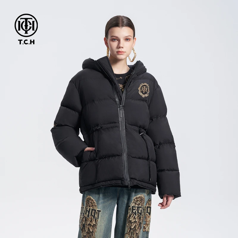 轻奢TCH已下架气场强大烫钻收腰显瘦加厚保暖连帽羽绒服外套T72D1