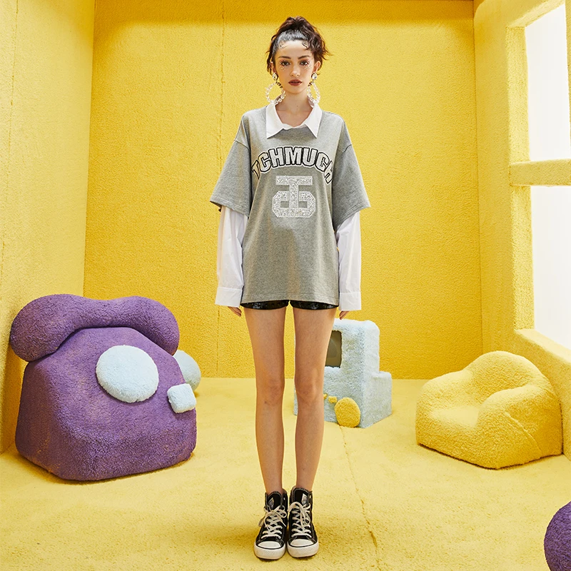 潮牌-TCH潮牌套头两件套灰白色衬衫卫衣2025春夏新款S69A116027