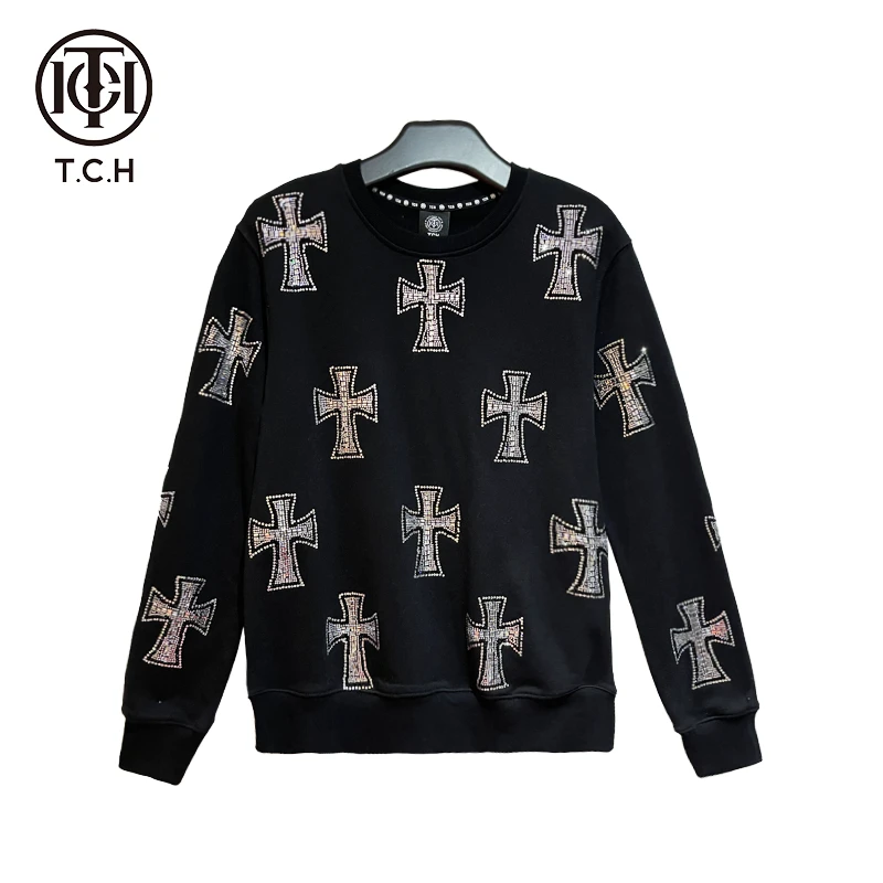 轻奢-TCH潮牌十字烫钻时尚休闲秋季新款黑色圆领卫衣T69D11E6003