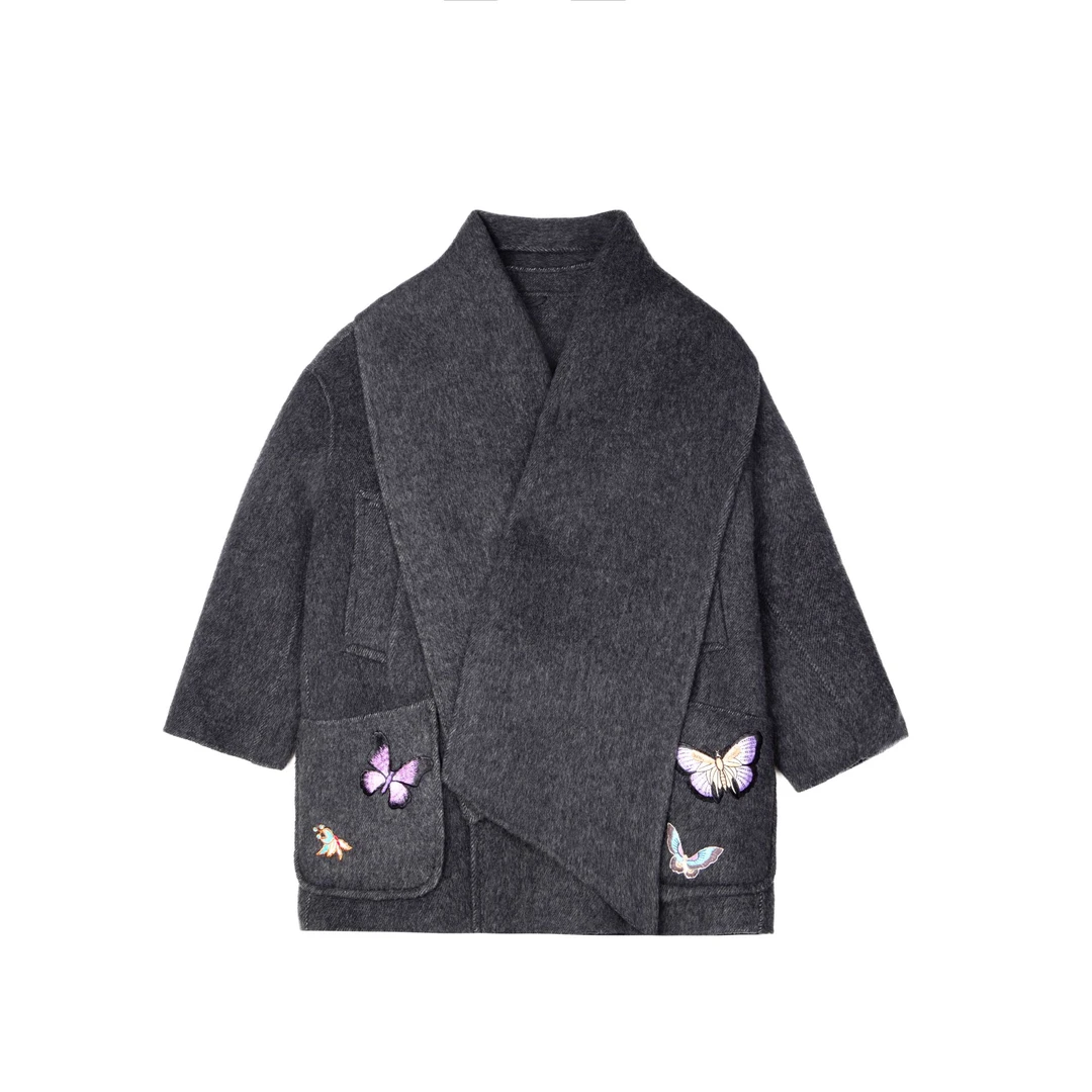 TCH 潮牌烫钻刺绣围巾领绵羊毛呢子大衣外套中长款女T72C286010