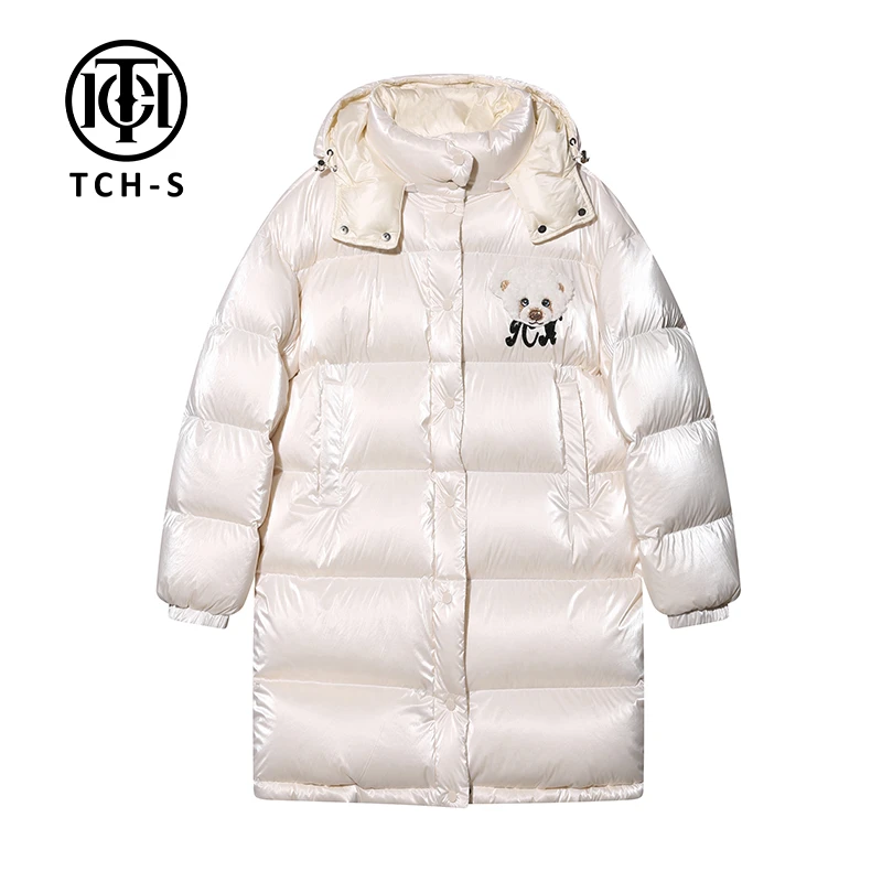 潮牌-TCH潮牌烫钻植绒小熊休闲时尚运动白色长款羽绒服S69D198025