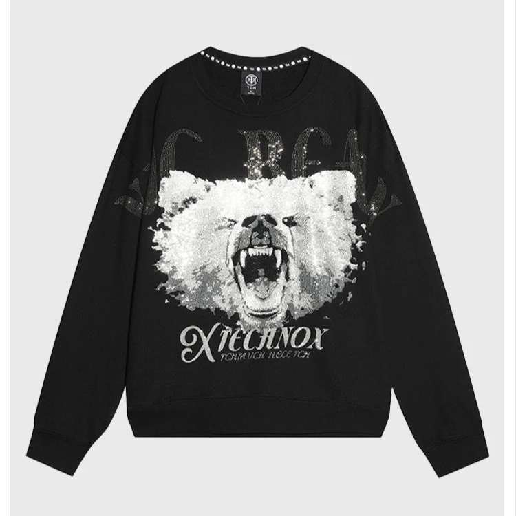 TCH轻奢秋季痞帅风熊烫钻美式宽松圆领卫衣男女同款T21111C6002