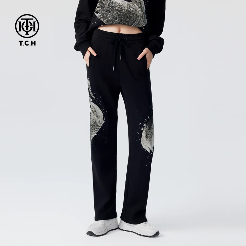 轻奢-TCH黑色烫钻阔腿休闲裤24秋季新款宽松显瘦直筒裤T72C206025