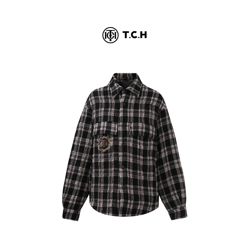 爆款-TCH轻奢翅膀烫钻黑白格复古口袋男女同款羽绒服T72C19E5011