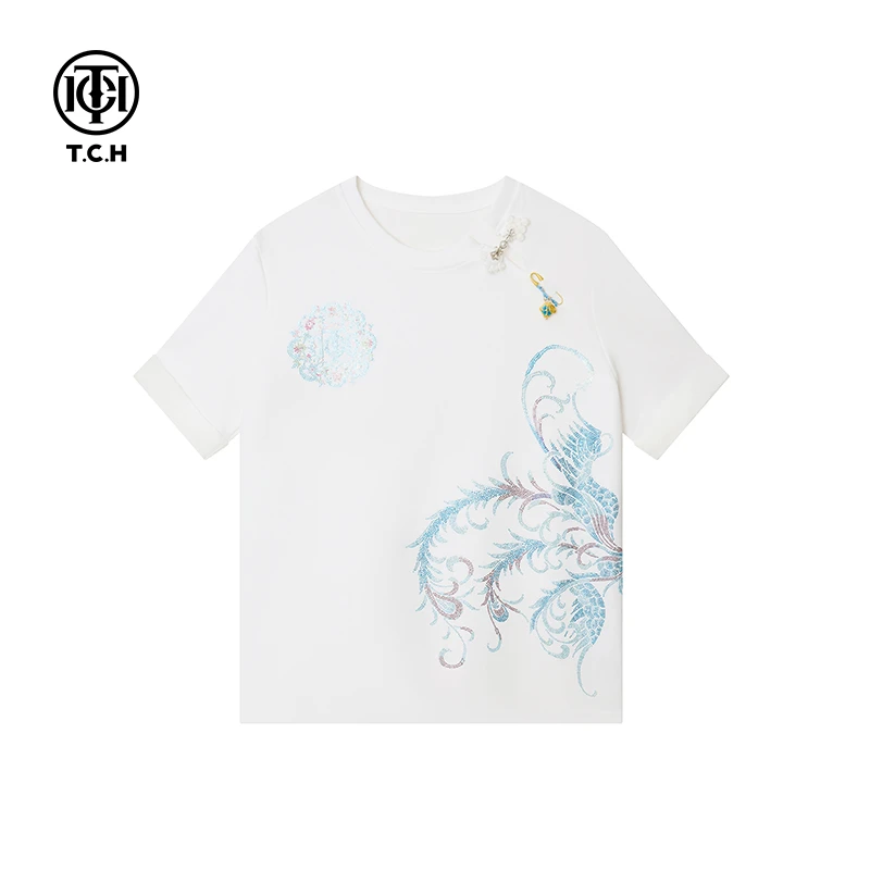 TCH2025春夏潮流烫钻新中式系列白色短袖T恤女士T72A10E9008