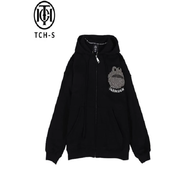 TCH休闲时尚手工钻大嘴蛙设计师款黑色连帽拉链衫S66C179007