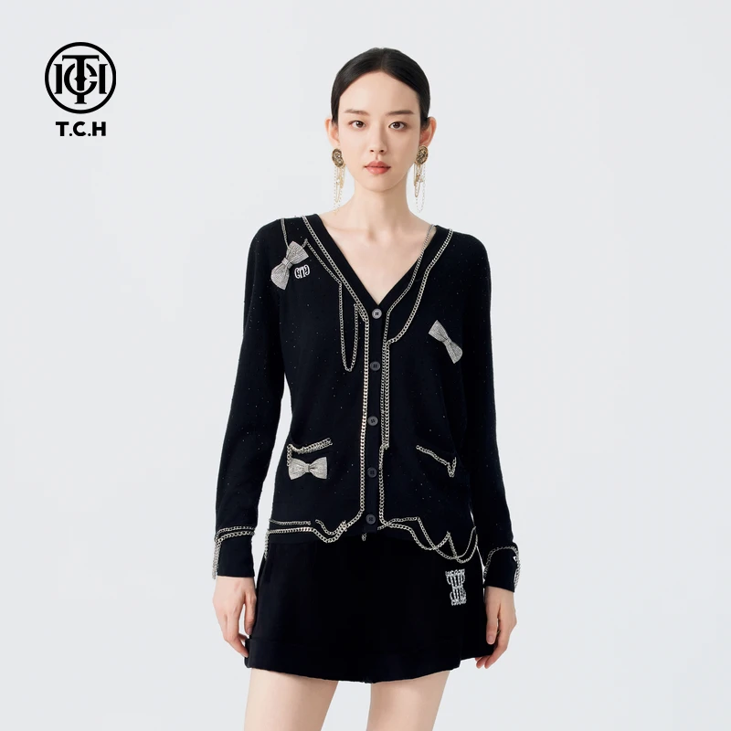 TCH-TCH潮牌蝴蝶结烫钻绵羊毛针织开衫外套25新款轻奢T72C438029