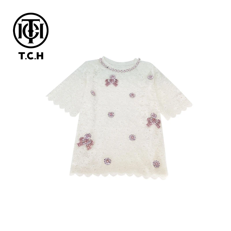 TCH轻奢烫钻工艺重工新中式气质蕾丝白色T恤女T72B10E9088私服tch