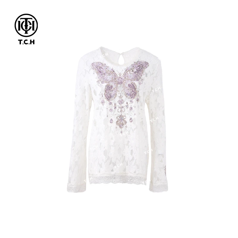 私服-TCH潮牌25新款洋气轻奢蕾丝蝴蝶白色青春打底衫T72C02E5009