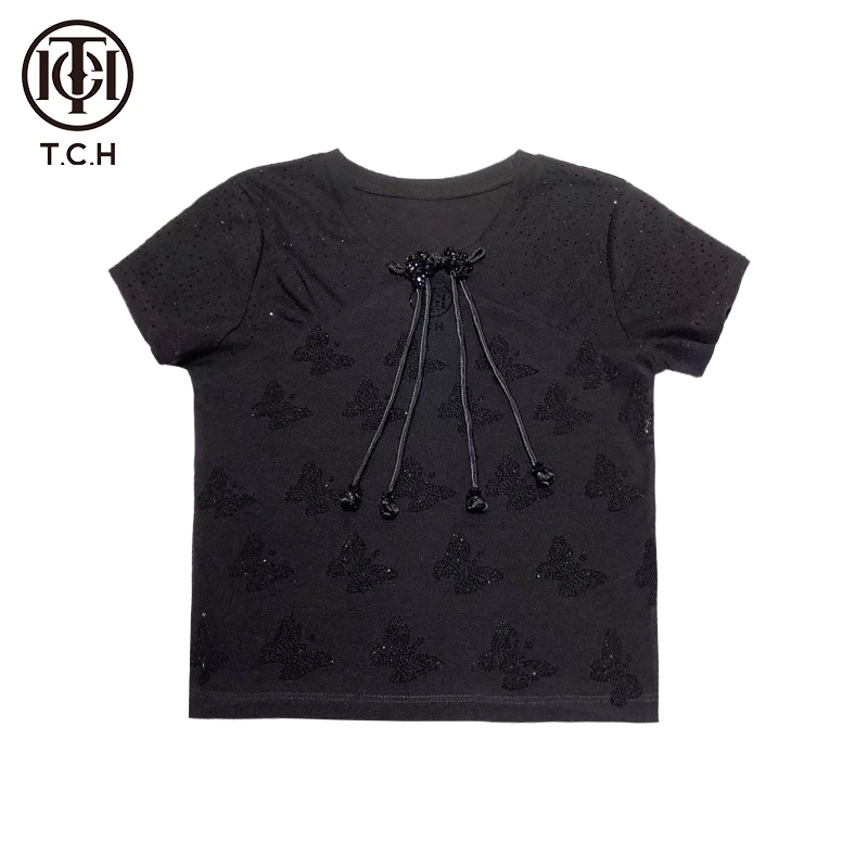TCH轻奢烫钻工艺新中式系列时尚短袖T恤T72B10E9016私服tch